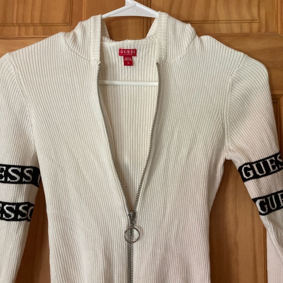 Guess Size S White with Black Zip Up Hooded Long Sleeve Sweater - Picture 6 of 10